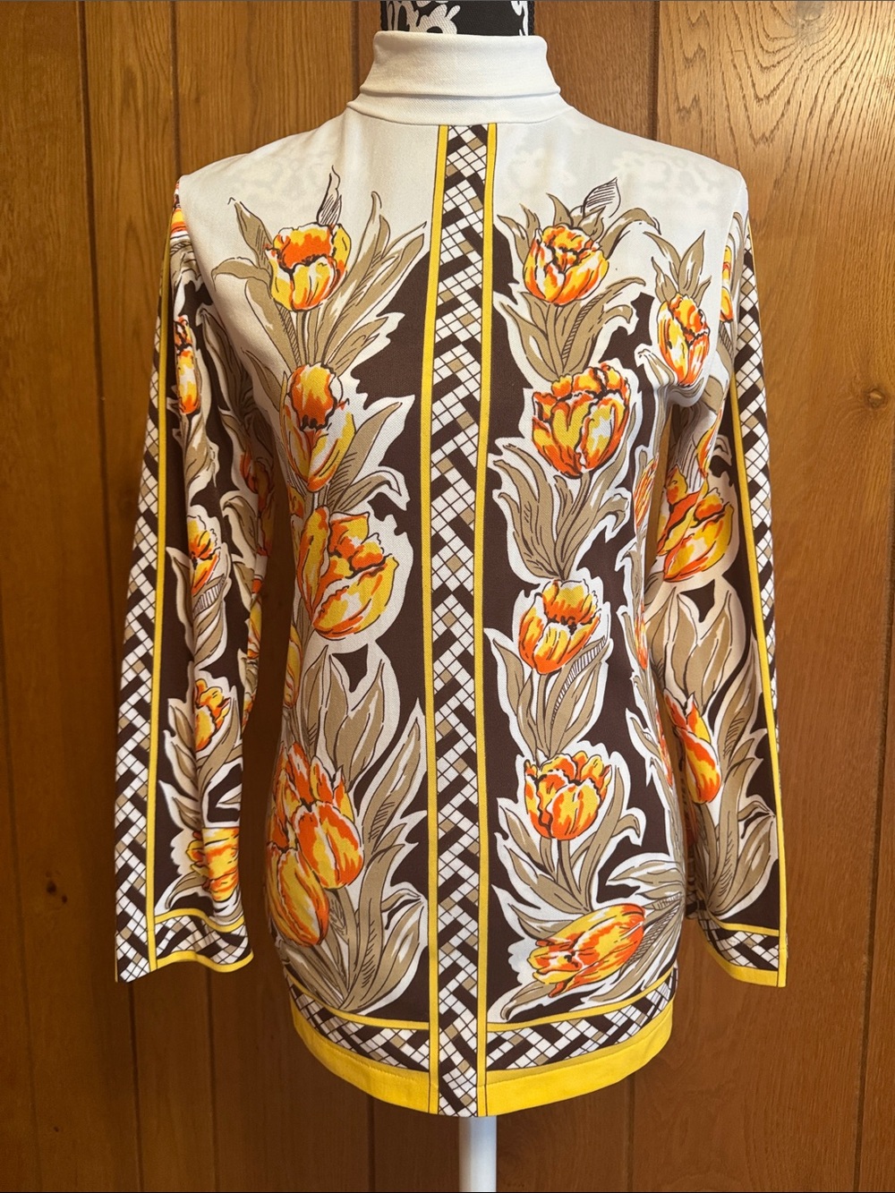 Vintage Mock Neck Long-Sleeve Floral Tee in Yellow and Brown